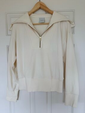 Varley Cream Ribbed Half-Zip V-Neck Sweater S